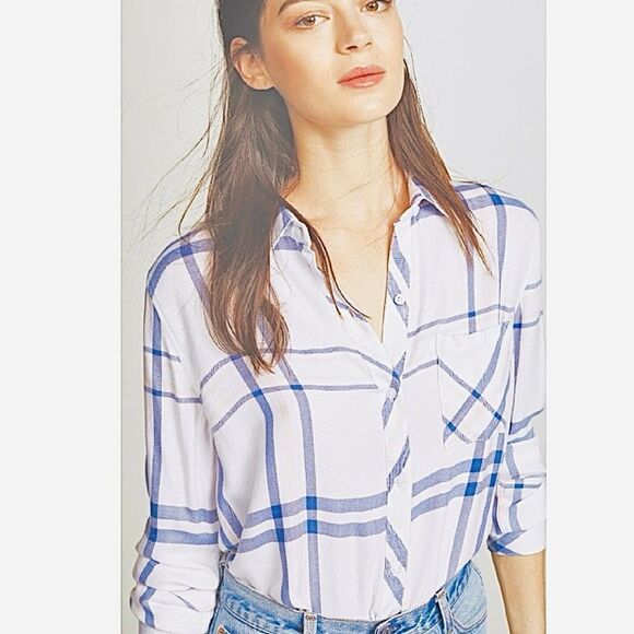 Rails Hunter Plaid Classic Indigo Powder Blush Button Up Flannel Top - Picture 6 of 10